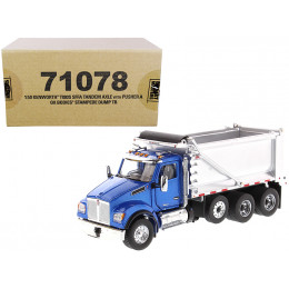 Kenworth T880S SFFA Tandem Axle with Pusher Axle OX Stampede Dump Truck Blue and Chrome 