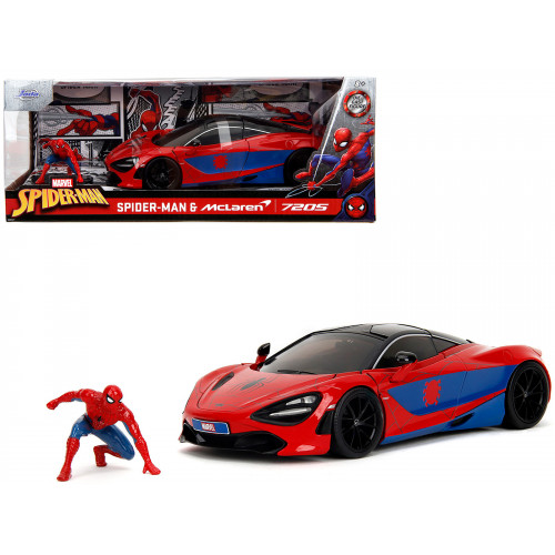 McLaren 720S Red and Blue with Black Top and Graphics and Spider-Man Diecast Figure 