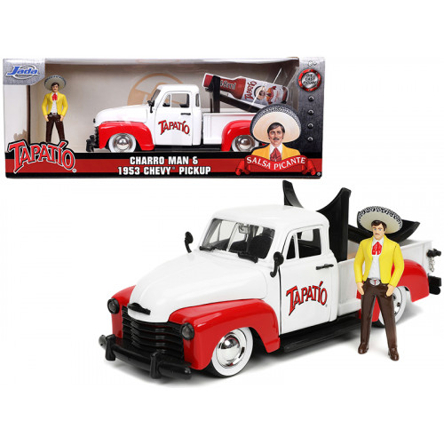 1953 Chevrolet Pickup Truck White and Red with Charro Man Diecast Figurine 
