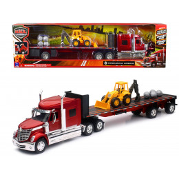 International Lonestar Truck with Flatbed Trailer Red Metallic with Front Loader and Rocks 