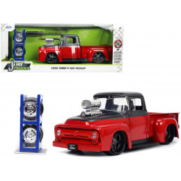 1956 Ford F-100 Pickup Truck Red and Dark Gray Metallic with Extra Wheels 