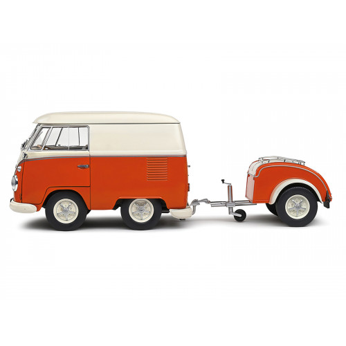 1950 Volkswagen Kool Kombi Van with Trailer Orange and White 1/18 Diecast Model Car by Solido