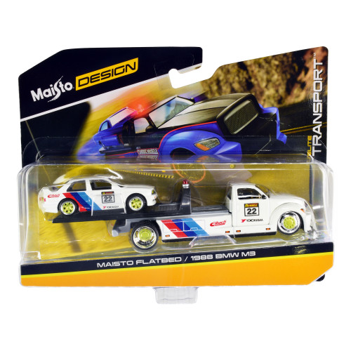 Flatbed Truck #22 White with Stripes and 1988 BMW M3 E30 #22 White with Stripes 
