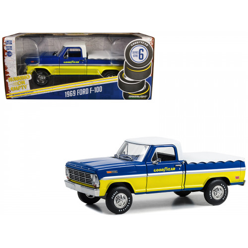 1969 Ford F-100 Pickup Truck Blue and Yellow with White Top and Bed Cover 