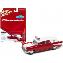 1957 Chevrolet Ambulance Kosmos Red and White with White Interior 1/64 Diecast Model Car by Johnny Lightning