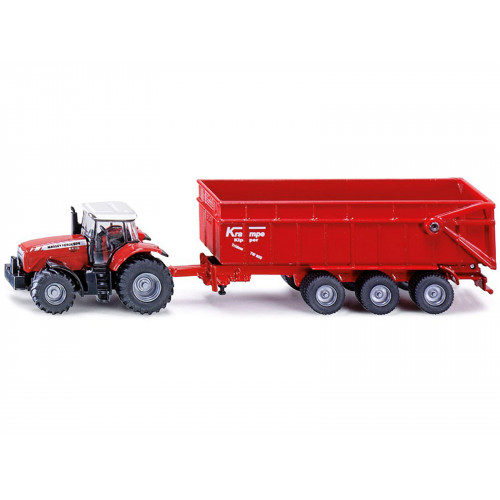 Massey Ferguson 8480 Dyna VT Tractor Red with Silver Top and Krampe Dump Trailer Red 1/87 (HO) Diecast Models by Siku
