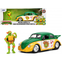 1959 Volkswagen Drag Beetle Green and Yellow and Michelangelo Diecast Figure 