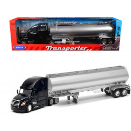 Freightliner Cascadia Truck Black with Silver Tanker Trailer 
