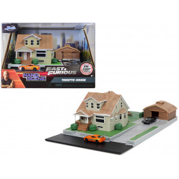 Toretto House Diorama with Dodge Charger Black and Toyota Supra Orange with Graphics 