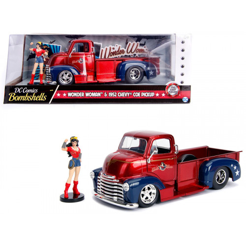 1952 Chevrolet COE Pickup Truck Candy Red and Blue with Wonder Woman Diecast Figure 