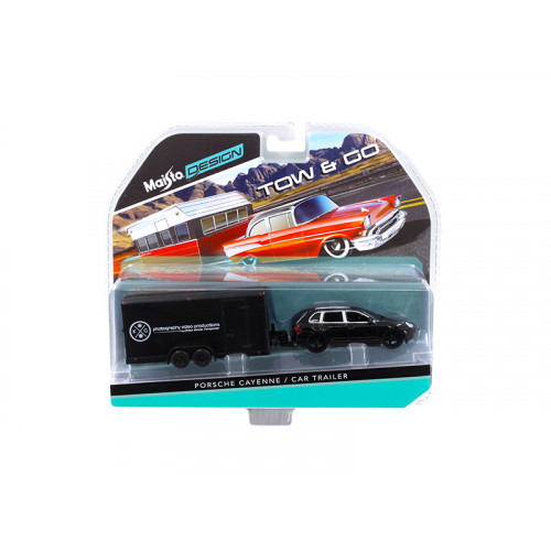 Porsche Cayenne Black and Car Trailer Tow & Go 1/64 Diecast Model by Maisto