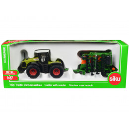 Claas Xerion 5000 Tractor Green with Gray Top and Amazone Cayena 6001 Seeder 1/87 (HO) Diecast Model by Siku