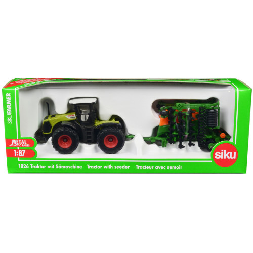 Claas Xerion 5000 Tractor Green with Gray Top and Amazone Cayena 6001 Seeder 1/87 (HO) Diecast Model by Siku