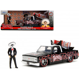 1985 Chevrolet C-10 Pickup Truck Black with White Top and Graphics with Charro Man Diecast Figure 