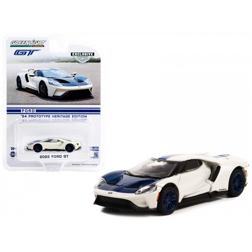 2022 Ford GT '1964 Prototype Heritage Edition' White Metallic with Blue Hood and Stripe 'Hobby Exclusive' Series 1/64 Diecast Model Car by Greenlight