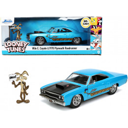 1970 Plymouth 440-6BBL RoadRunner Light Blue Metallic with Black Hood and Wile E. Coyote Diecast Figurine 