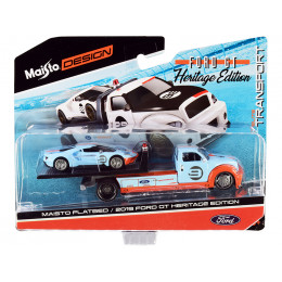 2019 Ford GT #9 Heritage Edition with Flatbed Truck Light Blue and Orange 