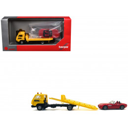 Flatbed Tow Truck 'ADAC' Yellow and BMW Z4 Convertible Red Set of 2 pieces 1/87 (HO) Plastic Model Cars by Promotex
