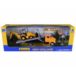 Peterbilt 335 Roll-Off Flatbed Truck and New Holland B110C Backhoe Loader with Street Signs 