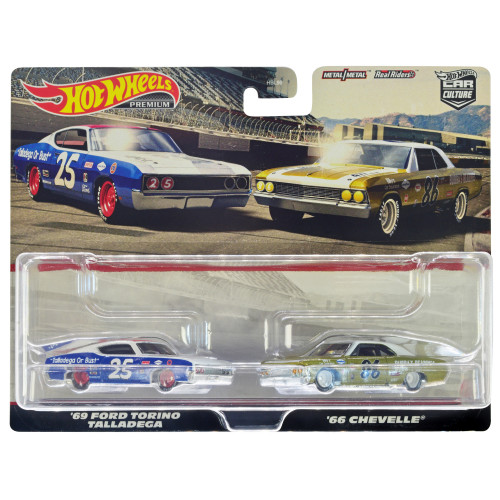 1969 Ford Torino Talladega #25 White and Blue with Red Top and 1966 Chevrolet Chevelle #86 Gold with White Top 