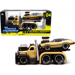 1953 Mack B-61 Flatbed Truck Gold and 1970 Oldsmobile 442 Gold with Black Top and Stripes 