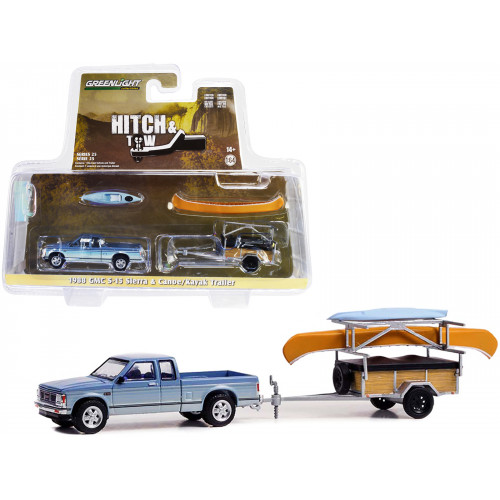 1988 GMC S-15 Sierra Pickup Truck Blue Metallic and White with Stripes and Canoe Trailer and Canoe Rack with Canoe and Kayak 