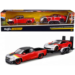 2017 Chevrolet Colorado ZR2 Pickup Truck Red and 2015 Chevrolet Corvette Z06 Red with Flatbed Trailer Set of 3 pieces 