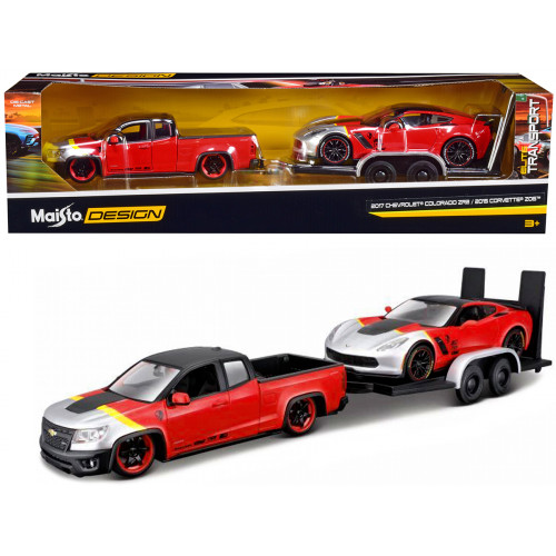 2017 Chevrolet Colorado ZR2 Pickup Truck Red and 2015 Chevrolet Corvette Z06 Red with Flatbed Trailer Set of 3 pieces 