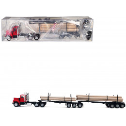 GMC Super B Log Truck and Trailer Red with Log Accessories 1/87 (HO) Plastic Model Car by Promotex