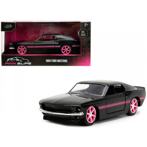 1969 Ford Mustang Black Metallic with Pink Stripes and Wheels 