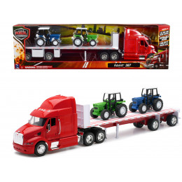 Peterbilt 387 Flatbed Truck Red with 2 Farm Tractors Blue and Green 