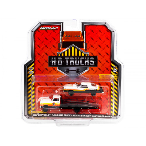1972 Chevrolet C-30 Ramp Truck with 1976 Chevrolet Chevelle Laguna Black and White with Stripes 