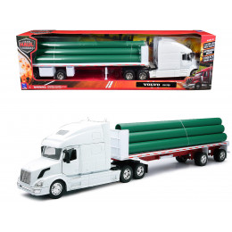 Volvo VN-780 Truck with Flatbed Trailer and Long Pipes White 