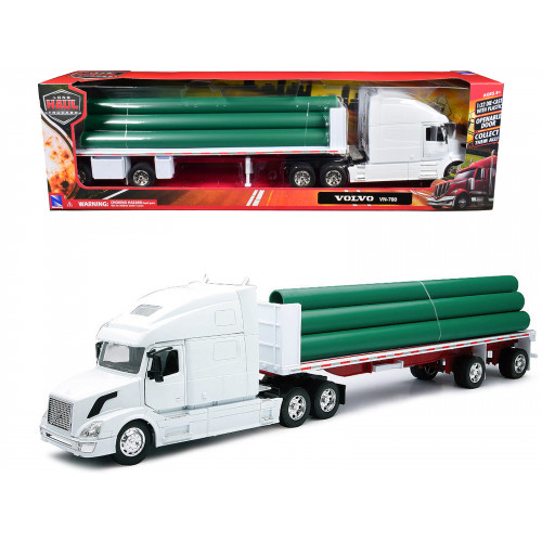Volvo VN-780 Truck with Flatbed Trailer and Long Pipes White 