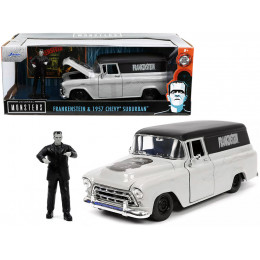 1957 Chevrolet Suburban Gray and Black with Graphics and Frankenstein Diecast Figurine 