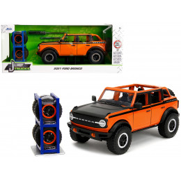 2021 Ford Bronco Open-Top Orange with Black Stripes and Hood with Extra Wheels 