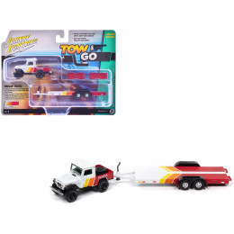 1980 Toyota Land Cruiser Pickup Truck White and Red with Stripes and Open Car Trailer Limited Edition 