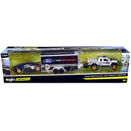 2010 Ford Raptor Pickup Truck Silver Metallic with 2017 Ford GT #2 Heritage Edition Black with Silver Stripes and Enclosed Car Trailer Black 
