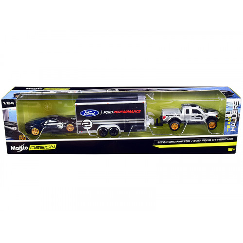 2010 Ford Raptor Pickup Truck Silver Metallic with 2017 Ford GT #2 Heritage Edition Black with Silver Stripes and Enclosed Car Trailer Black 