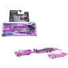 1974 Cadillac Eldorado Convertible Pink and 1972 Chevrolet C-30 Pickup Truck Pink with Heavy Duty Car Hauler 'True Romance' (1993) Movie 'Hollywood Hitch & Tow' Series 13 1/64 Diecast Model Cars by Greenlight
