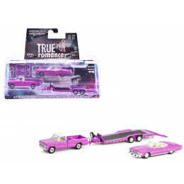 1974 Cadillac Eldorado Convertible Pink and 1972 Chevrolet C-30 Pickup Truck Pink with Heavy Duty Car Hauler 