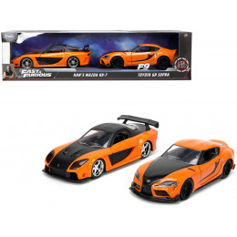 Han's Mazda RX-7 Orange Metallic and Matt Black and Toyota GR Supra Orange Metallic with Black Hood Set of 2 pieces 