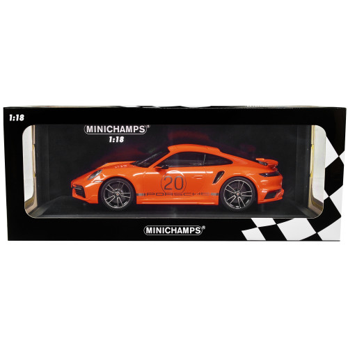 2021 Porsche 911 Turbo S with SportDesign Package #20 Orange with Silver Stripes Limited Edition to 504 pieces Worldwide 1/18 Diecast Model Car by Minichamps