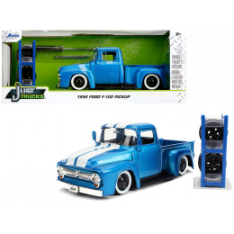 1956 Ford F-100 Pickup Truck Blue Metallic with White Stripes and Extra Wheels 