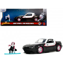 1990 Mazda Miata Black and White with Graphics and Ghost Spider Diecast Figure 