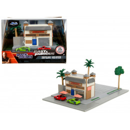 Toretto Cafe Diorama with Mitsubishi Eclipse Green and Ford F-150 SVT Lightning Red 