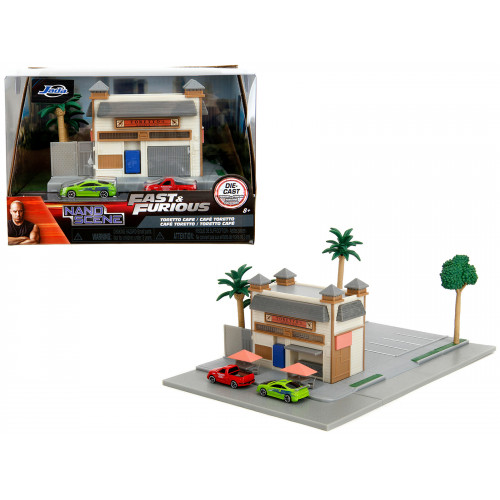 Toretto Cafe Diorama with Mitsubishi Eclipse Green and Ford F-150 SVT Lightning Red 