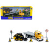 Peterbilt Roll-Off Flatbed Truck Yellow and New Holland L228 Skid Steer Yellow with Road Signs 