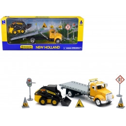 Peterbilt Roll-Off Flatbed Truck Yellow and New Holland L228 Skid Steer Yellow with Road Signs 