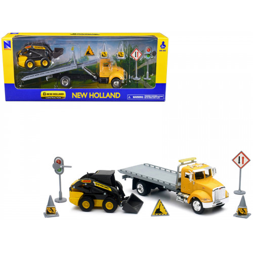 Peterbilt Roll-Off Flatbed Truck Yellow and New Holland L228 Skid Steer Yellow with Road Signs 